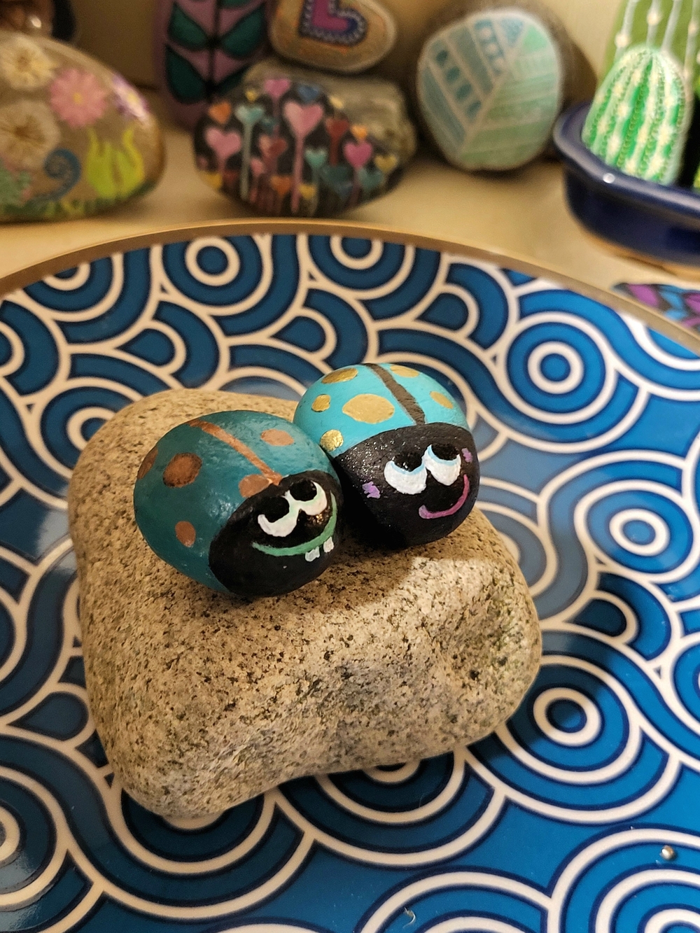 Hand-Painted Blue and Gold Decorative Ladybug Stone Set - Home Accents - Picture 5 of 10